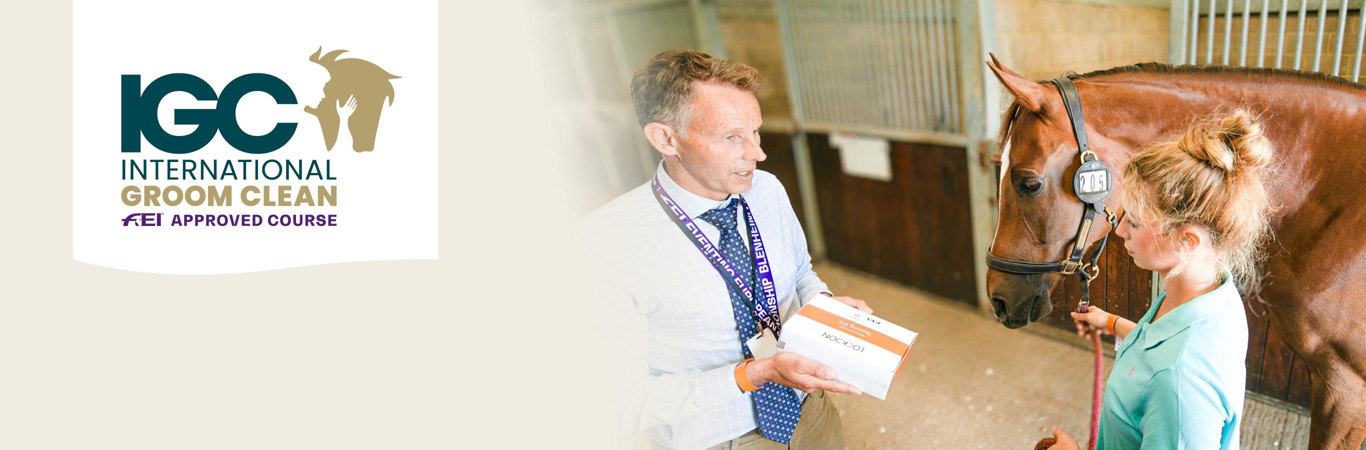 Image of FEI vet showing a testing kit to a groom holding a horse